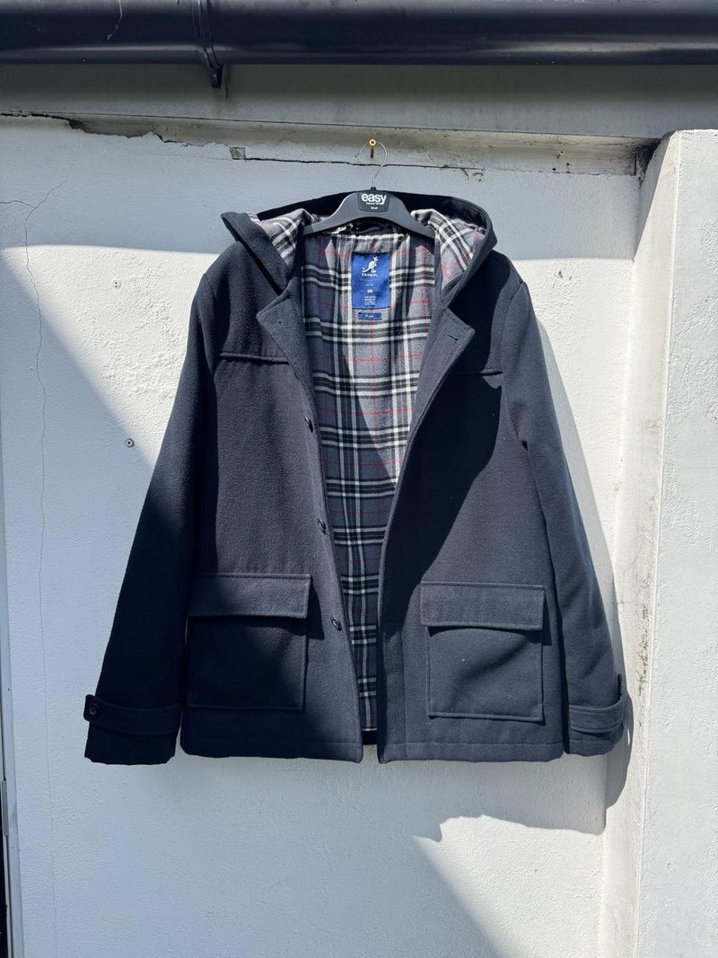 Vintage Kangol Tartan-Lined Hooded Parka Coat – Navy – Size XL