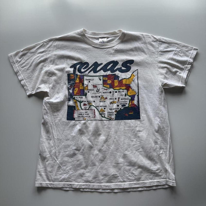 Vintage 90s Delta Texas Illustrated Tourist Map Graphic T-Shirt – White – Size XL