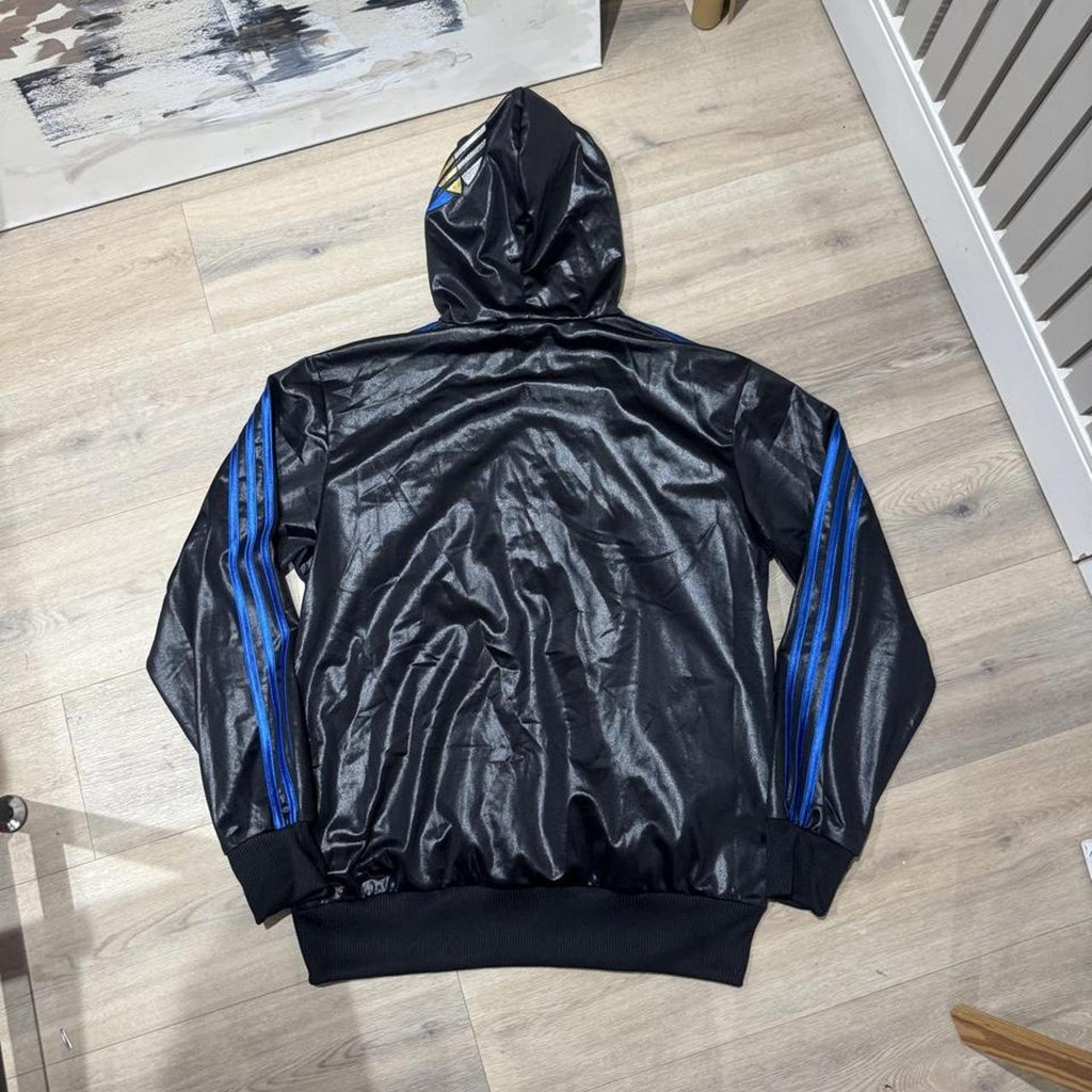 Vintage Y2K Adidas Originals Chile 62 Wet-Look Full-Zip Track Hoodie – Black & Blue – Size M – Image 7 – George's Vintage