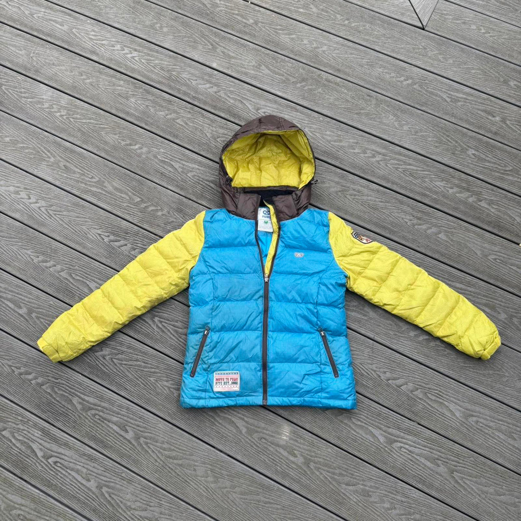 FUBU Colour Block Hooded Puffer Jacket – Blue / Yellow