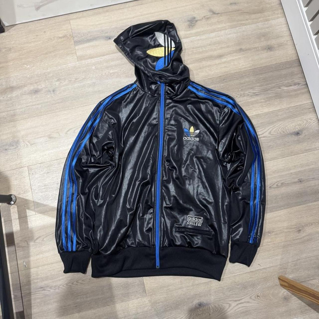 Vintage Y2K Adidas Originals Chile 62 Wet-Look Full-Zip Track Hoodie – Black & Blue – Size M – George's Vintage