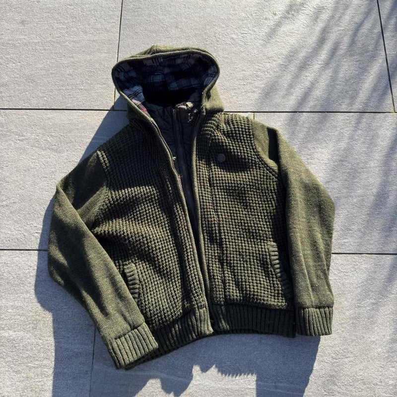 Vintage Lee Cooper Heavyweight Chunky Knit Fleece-Lined Hooded Jacket – Charcoal – Size L