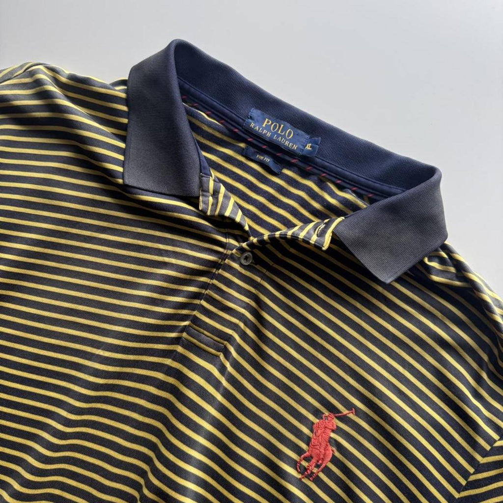 Polo Ralph Lauren Performance Micro-Striped Golf Polo Shirt – Navy & Yellow – Size XL – Image 2 – George's Vintage