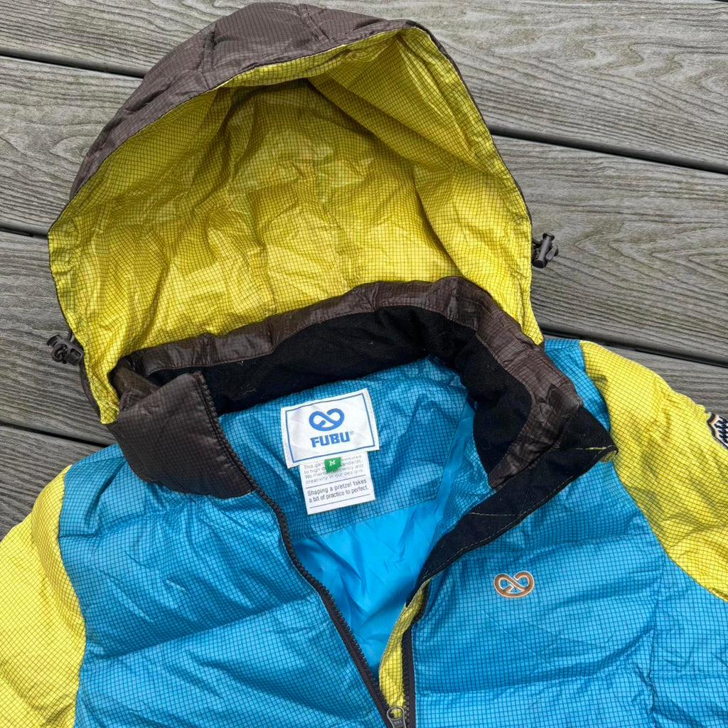FUBU Colour Block Hooded Puffer Jacket – Blue / Yellow