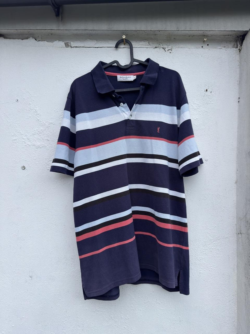 Vintage 90s Yves Saint Laurent Pour Homme Striped Piqué Polo Shirt – Size L