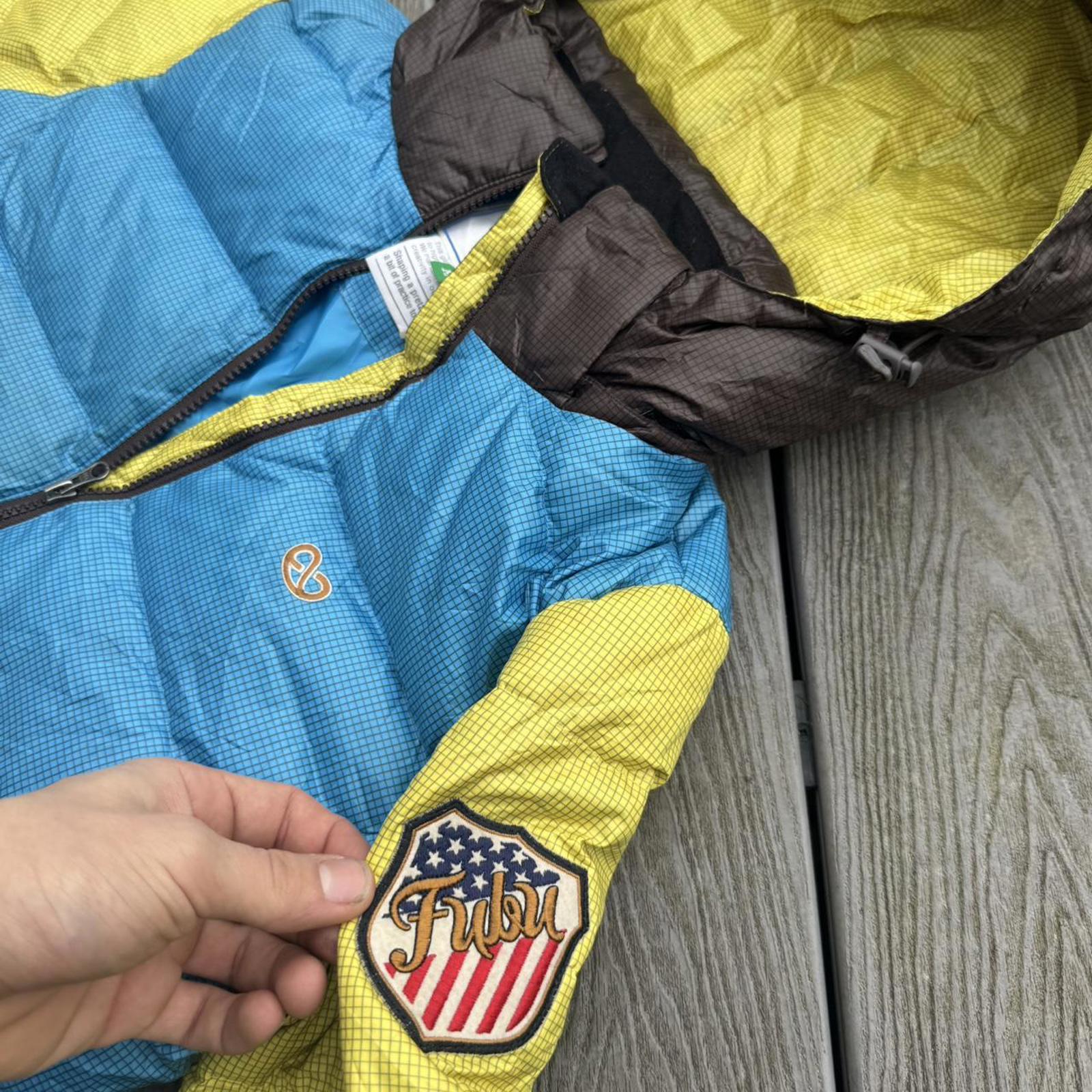 FUBU Colour Block Hooded Puffer Jacket – Blue / Yellow